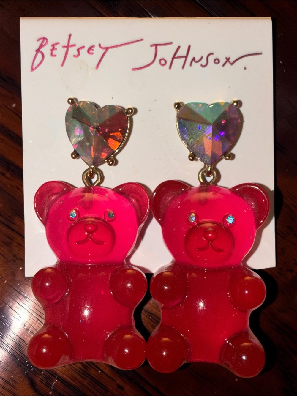 BETSEY JOHNSON Oversize Hot Pink & AB Crystal Gummy Bear Dangle Earrings NEW NWT